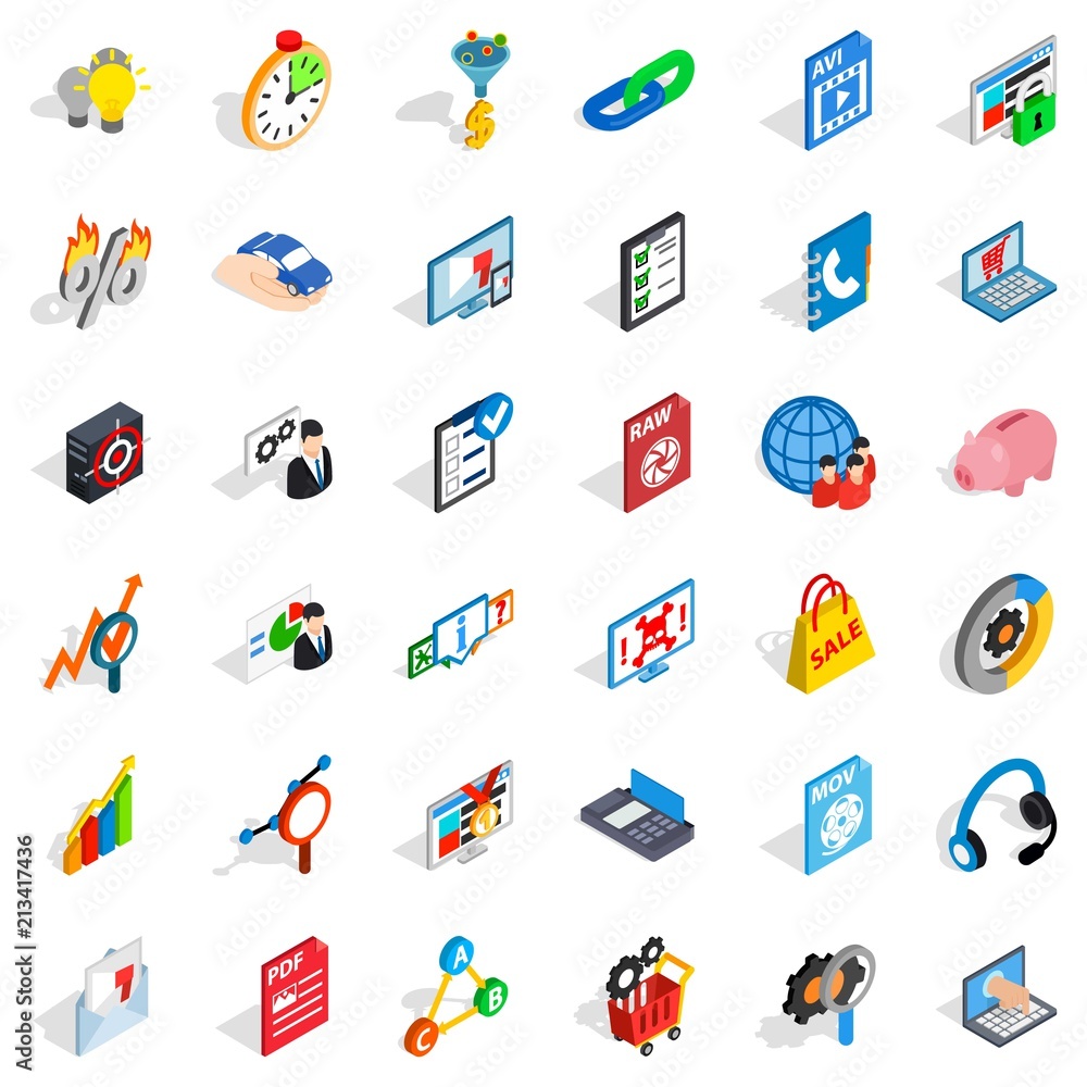 Poster data cloud icons set. isometric style of 36 data cloud vector icons for web isolated on white backgr