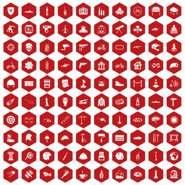 100 helmet icons set in red hexagon isolated vector illustration