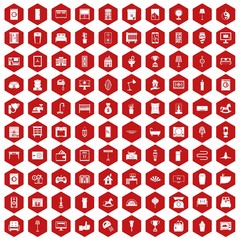 100 interior icons set in red hexagon isolated vector illustration