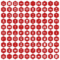100 keys icons set in red hexagon isolated vector illustration