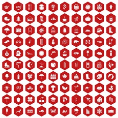 100 landscape icons set in red hexagon isolated vector illustration