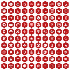 100 logotype icons set in red hexagon isolated vector illustration