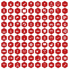 100 lorry icons set in red hexagon isolated vector illustration