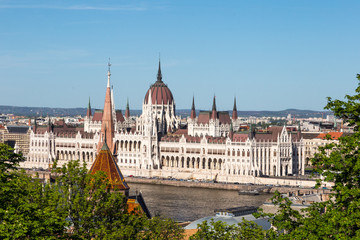 Fototapeta na wymiar View of hungarian parliament in Budapest, the most beautiful building in Europe in neo-gothic style. 