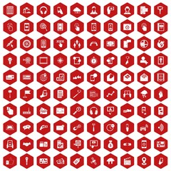 100 mobile icons set in red hexagon isolated vector illustration