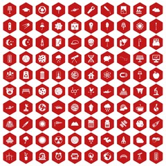 100 moon icons set in red hexagon isolated vector illustration
