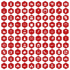 100 motherhood icons set in red hexagon isolated vector illustration