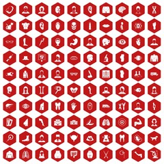 100 organ icons set in red hexagon isolated vector illustration