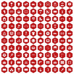 100 playground icons set in red hexagon isolated vector illustration