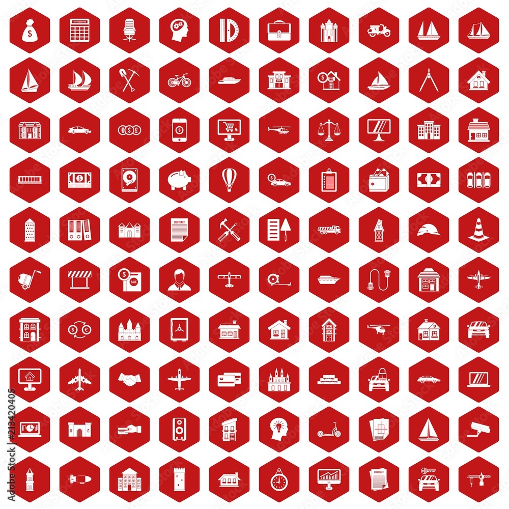 Poster 100 private property icons set in red hexagon isolated vector illustration