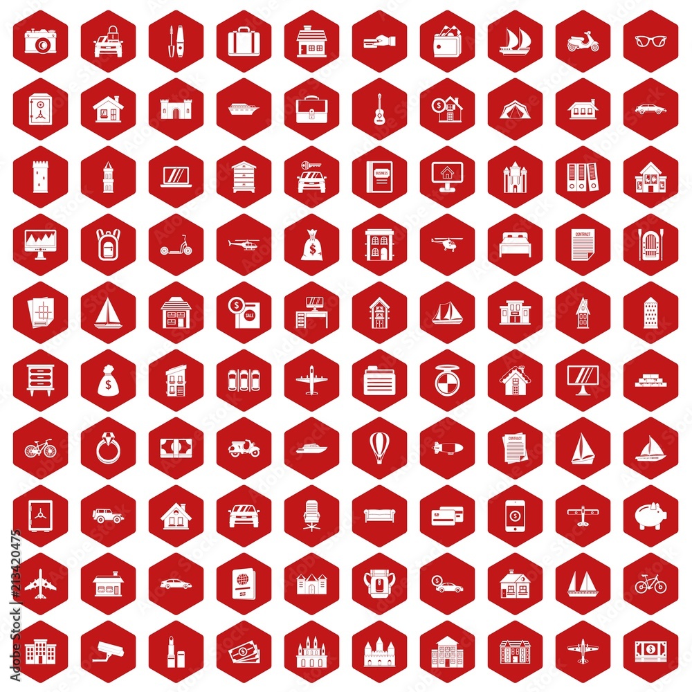 Poster 100 property icons set in red hexagon isolated vector illustration