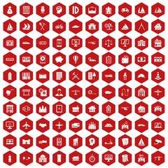100 private property icons set in red hexagon isolated vector illustration