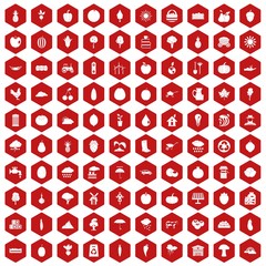 100 productiveness icons set in red hexagon isolated vector illustration