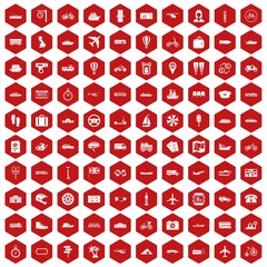 100 public transport icons set in red hexagon isolated vector illustration