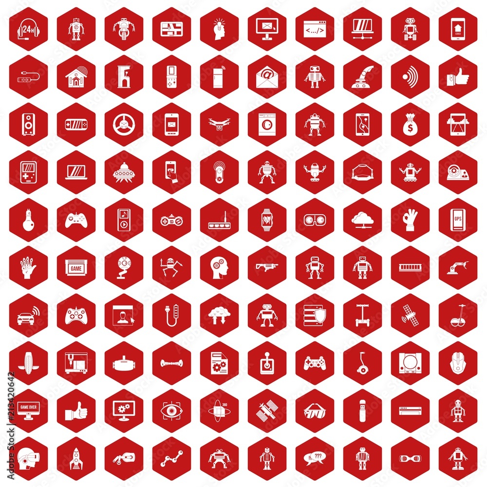 Poster 100 robot icons set in red hexagon isolated vector illustration