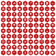 100 research icons set in red hexagon isolated vector illustration