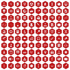 100 researcher science icons set in red hexagon isolated vector illustration