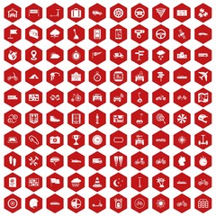 100 ride icons set in red hexagon isolated vector illustration