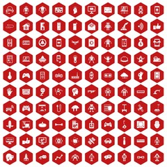 100 robot icons set in red hexagon isolated vector illustration