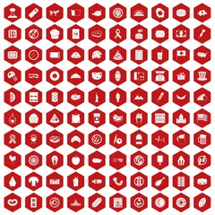 100 sandwich icons set in red hexagon isolated vector illustration