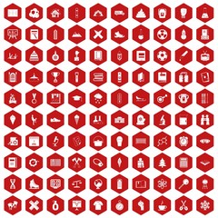 100 school years icons set in red hexagon isolated vector illustration
