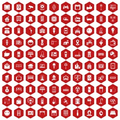 100 smart house icons set in red hexagon isolated vector illustration