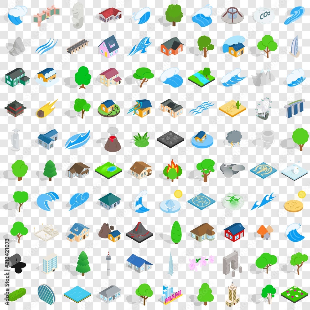 Poster 100 landscape element icons set in isometric 3d style for any design vector illustration