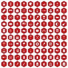 100 street food icons set in red hexagon isolated vector illustration