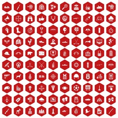 100 target icons set in red hexagon isolated vector illustration