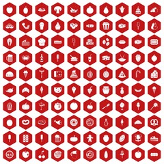 100 tasty food icons set in red hexagon isolated vector illustration