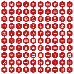 100 taxi icons set in red hexagon isolated vector illustration