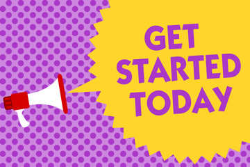 Writing note showing Get Started Today. Business photo showcasing lets do it Dont hesitate Now or never Get going No delay Multiline text purple bubble pattern design announce messages ideas.