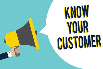 Word writing text Know Your Customer. Business concept for Marketing creating a poll improve product or brand Signal indication speaker announcement alarming script symbol warning.