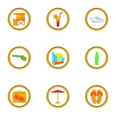 Beach holiday in Miami icons set. Cartoon set of 9 beach holiday in Miami vector icons for web isolated on white background