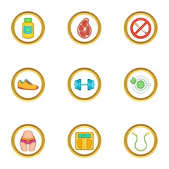 Gym icons set. Cartoon set of 9 gym vector icons for web isolated on white background