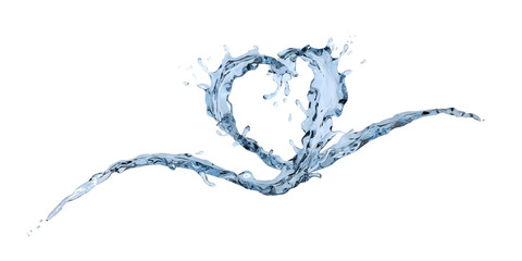 Obraz na płótnie Canvas Wave splash of fresh water in form of heart shape isolated on white background, concept for love or valentine. 3D illustration.
