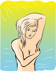 Nude girl under the sun.

Nude girl protect herself from the sun.
illustration of sunburn concept.
