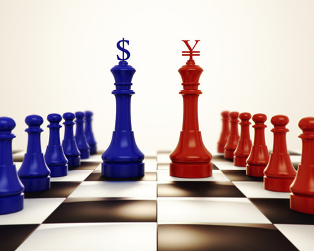 Blue chess against  red chess with dollar and yuan renminbi sign logo. Design creative illustration for USA and China trade war. 3D rendering illustration.