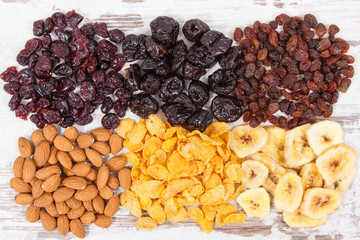 Healthy dried ingredients containing minerals, carbohydrates and dietary fiber, nutritious eating...