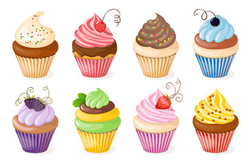 Set of the realistic isolated colorful cupcakes and berries on the white background.