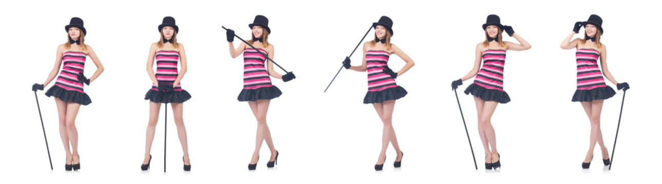 Young pretty woman dancing with walking stick isolated on white