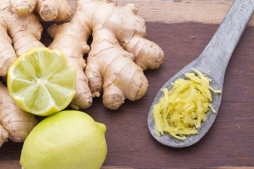 ginger and lemon on the table seen from above