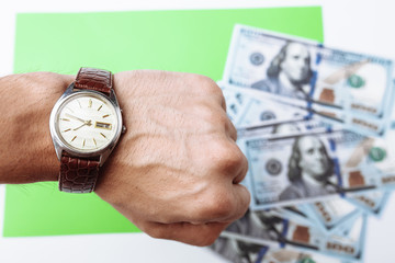 Many bills of 100 dollars, us banknote, green background with money cash currency close-up, concept...