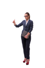 Young businesswoman pressing virtual button on white