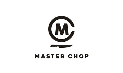 Initials Monogram Letter MC CM with Chef Knife for Restaurant Kitchen or Butcher logo design