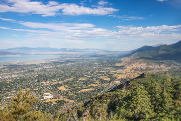 Aerial view of Salt Lake City, Utah from nearby mountain peak