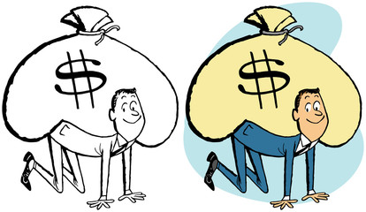 A man supports a huge bag of money on his back.