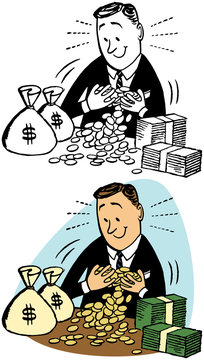 A man enjoys an armful of his money and wealth.