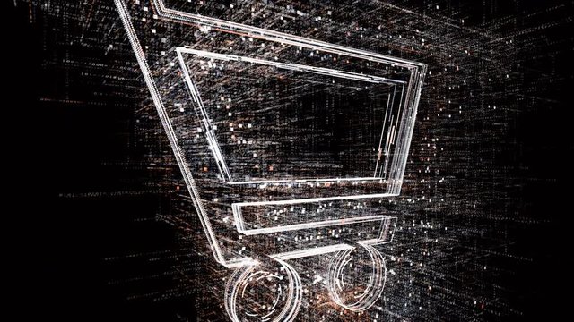 4k shopping cart symbol.The Matrix style binary computer code,changing from zero to one digits,Global internet worldwide.abstract future tech background.