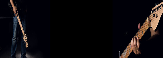 A man is holding electric guitar in black background